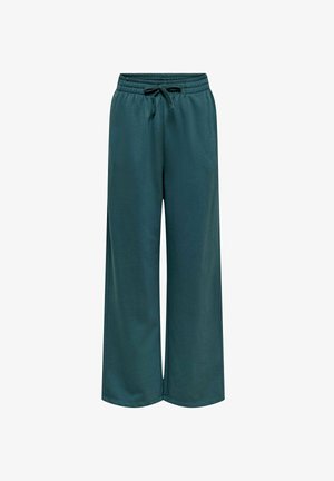 Teal brede joggingsbroek met een trekkoord in de taille, gemaakt van zachte stof, met een gladde textuur en zonder zichtbare patronen of accenten.