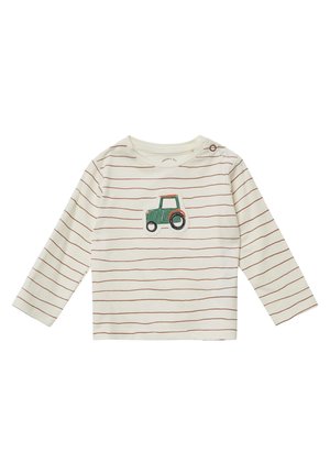 Langsleeve shirt in creme met rode strepen, met een groene tractor applicatie op de voorkant. Zacht katoen, ronde hals met knoop.