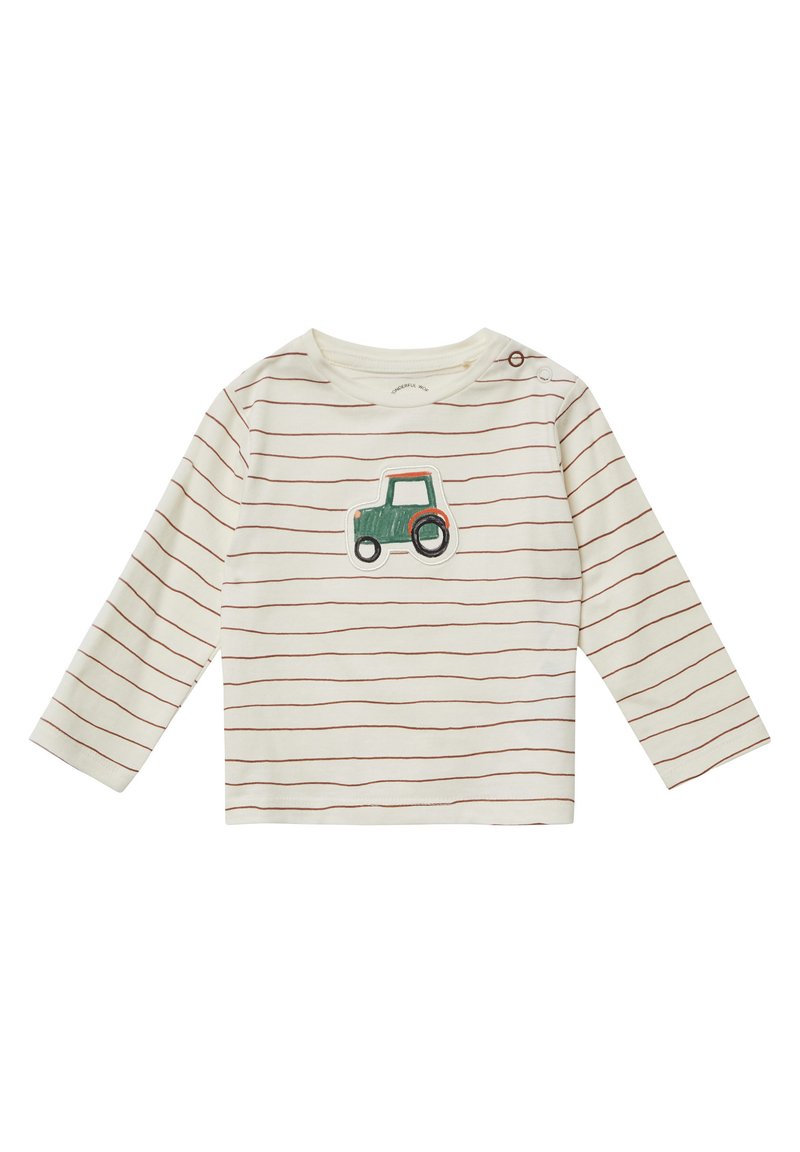 Langärmliges Shirt in Creme mit roten Streifen, mit einer grünen Traktor-Applikation auf der Vorderseite. Weiches Baumwollmaterial, runder Ausschnitt mit Knopf.
