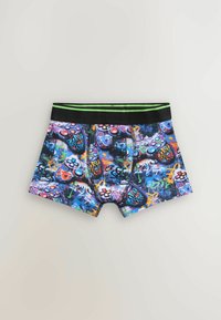 Bunte Boxershorts mit einem Graffiti-Print in verschiedenen Mustern. Hergestellt aus dehnbarem Stoff mit einem schwarzen Bund und grünen Akzenten.