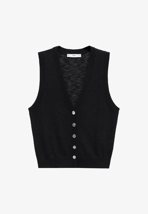 Black knitted vest with a deep V-neck, sleeveless design, and six silver buttons down the front. Features ribbed edges for texture.