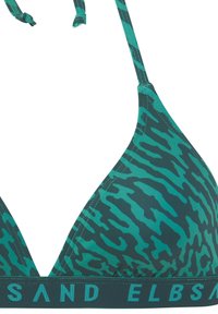 Teal spalvų trikampis bikini viršus su juodu gyvūnų raštu. Reguliuojamos petnešos ir tvirta juosta su prekės pavadinimu kontrastinga spalva.