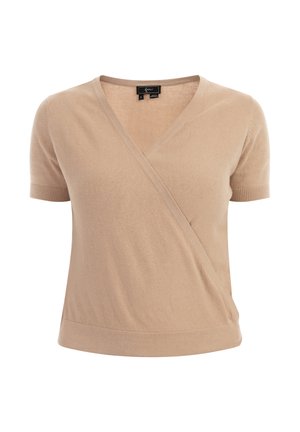 Beige Kurzarm-Wickeloberteil aus weichem Strickstoff mit tiefem V-Ausschnitt und gerippten Bündchen. Hat eine figurbetonte Silhouette und nahtloses Design.