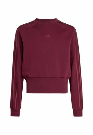 Bordeauxroter Langarm-Sweatshirt mit gerippten Bündchen und Saum, dezentem Adidas-Logo auf der Brust und drei Streifen an jedem Ärmel.