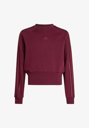 Bordeauxroter Langarm-Sweatshirt mit gerippten Bündchen und Saum, dezentem Adidas-Logo auf der Brust und drei Streifen an jedem Ärmel.