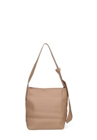 Borsa a spalla in pelle beige con una sola tracolla regolabile, forma rettangolare, texture liscia e tasca posteriore a sacchetto.