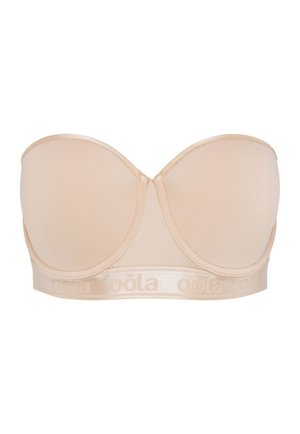 Strapless beige bh met een soepel materiaal, voorgevormde cups en een logo-band. Beschikt over een strakke vormgeving en naadloze randen voor discreet dragen.