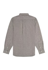 Langärmliges graues Hemd mit Knöpfen, von hinten gezeigt, mit zentraler Falte und geknöpften Manschetten auf weißem Hintergrund.