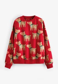 Rode sweatshirt met een herhaald patroon van cartoon rendieren in beige en blauw, met een geribbelde ronde hals en manchetten, gemaakt van zachte stof.