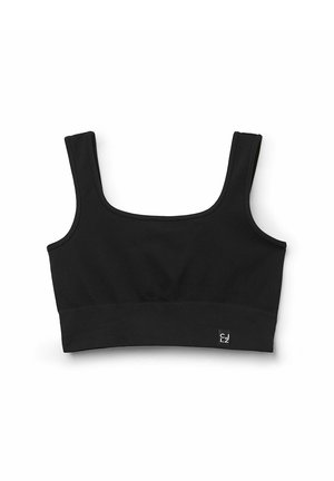 Zwarte crop top met een geribbelde textuur, brede banden en een stevige band aan de onderkant met een klein logo aan de zijkant.