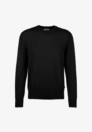 Schwarzer Strickpullover mit langen Ärmeln, V-Ausschnitt, gerippten Bündchen und Saum, aus leichtem Material gefertigt und mit einer subtilen Textur.