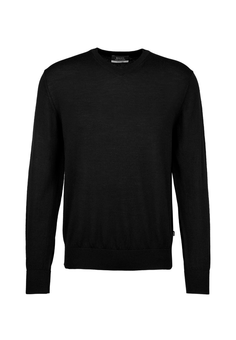 Schwarzer Strickpullover mit langen Ärmeln, V-Ausschnitt, gerippten Bündchen und Saum, aus leichtem Material gefertigt und mit einer subtilen Textur.