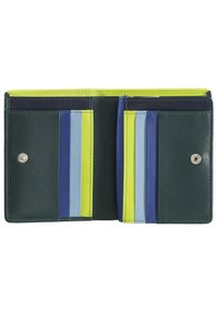 Leather wallet in dark green with vibrant accents. Features multiple card slots in shades of blue and yellow. Snap closure detail.