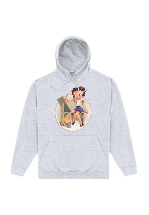 Szary hoodie z kieszenią z przodu. Posiada okrągłą ilustrację rysunkowego bohatera w białej bluzce i niebieskiej spódnicy.