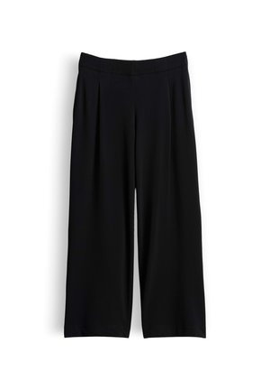 Black wide-leg trousers with a high waist, front pleats, and a smooth waistband, displayed against a white background.