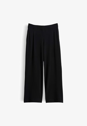 Black wide-leg trousers with a high waist, front pleats, and a smooth waistband, displayed against a white background.