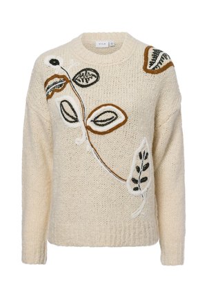 Cremefarbener Strickpullover mit floralen Stickereien in Braun, Schwarz und Weiß. Runder Ausschnitt und gerippter Saum mit weicher Textur.