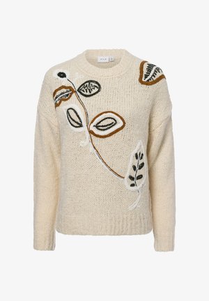 Cremefarbener Strickpullover mit floralen Stickereien in Braun, Schwarz und Weiß. Runder Ausschnitt und gerippter Saum mit weicher Textur.