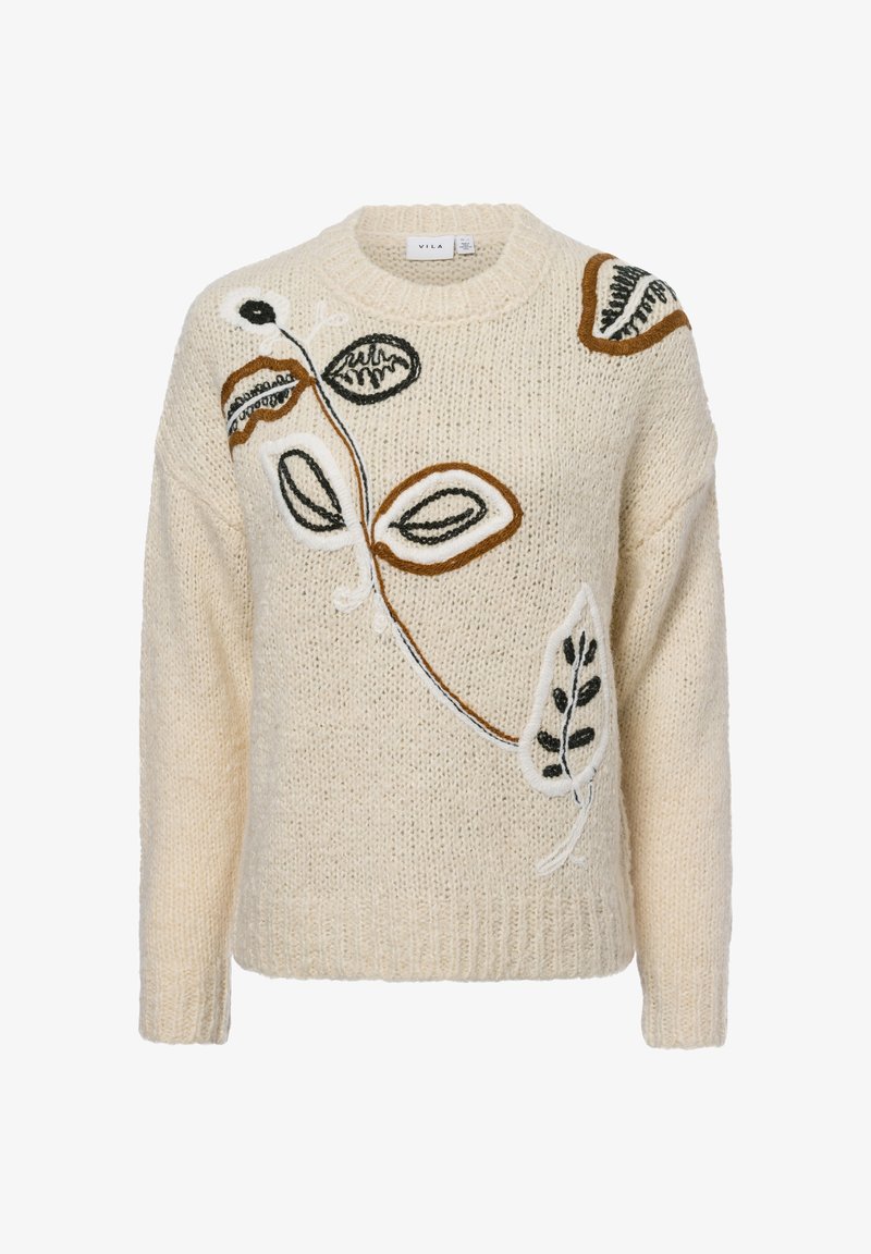 Cremefarbener Strickpullover mit floralen Stickereien in Braun, Schwarz und Weiß. Runder Ausschnitt und gerippter Saum mit weicher Textur.