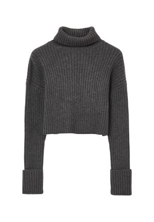 Dunkelgrauer, gerippter, verkürzter Rollkragenpullover mit langen Ärmeln und weiten Bündchen.