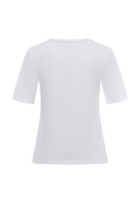 Weißes T-Shirt mit kurzen Ärmeln und rundem Ausschnitt, weicher Textur und lässiger Passform. Keine sichtbaren Muster oder Akzente.