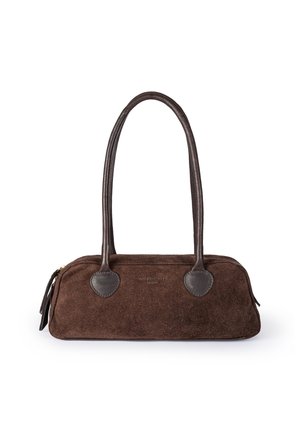 Brown suede rectangular handbag with long dark brown leather handles and gold zipper on white background.