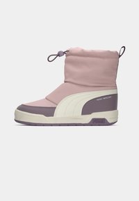Waterafstotende roze en crèmekleurige laars met een zachte bovenkant, afgeronde vorm, elastische bovenrand met een togglesluiting en logo op de hiel in paars.
