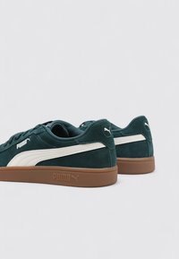 Sneaker in camoscio verde scuro con accenti bianchi. Presentano una suola in gomma e un logo laterale, progettate con un classico profilo basso.