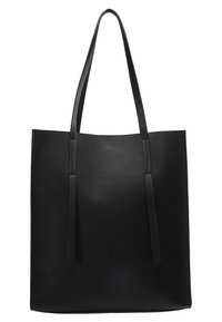 Sac fourre-tout en cuir noir avec deux longues anses et un corps rectangulaire lisse.