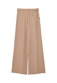 Pantaloni beige a vita alta, a gamba larga, con pinces, anelli per cintura e una cintura slim coordinata, esposti su uno sfondo bianco.