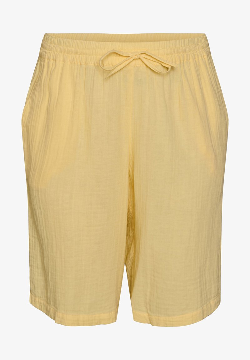 Svetložlté voľné šortky s elastickým pásom a predným sťahovaním na šnúrku, vyrobené z ľahkej textúrovanej tkaniny.