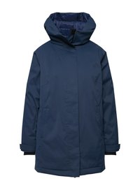Parka impermeabile blu navy con colletto alto, cappuccio e tasche laterali. Presenta una texture liscia e un design semplice e minimale.