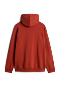 Rostrote Kapuzenpulli mit einer geräumigen Kapuze, gerippten Bündchen und Saum. Glatte Textur mit einem klassischen, lockeren Schnitt und ohne sichtbare Muster oder Grafiken.