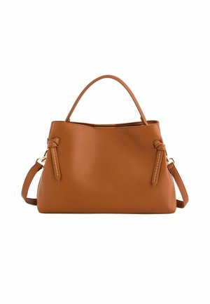 Mittelbraune Lederhandtasche mit zwei kurzen Griffen und einem abnehmbaren langen Riemen, mit dezenten gesteppten Details an den Seiten.