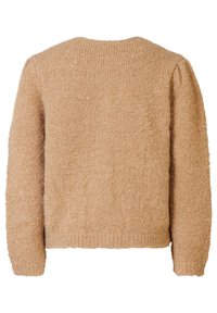 Beige, textured sweater with a soft, fuzzy finish. Features long sleeves and a rounded neckline, designed with a straight cut at the hem.