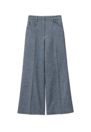 Graue Woll-Hose mit weitem Bein und glatter Textur, ausgestattet mit einer hohen Taille, zwei Seitentaschen und dezenten Falten.