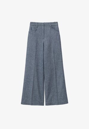 Graue Woll-Hose mit weitem Bein und glatter Textur, ausgestattet mit einer hohen Taille, zwei Seitentaschen und dezenten Falten.
