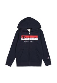 Felpa zip in navy in cotone, con una grafica frontale che presenta il testo "Champion" in rosso e bianco. Comprende un cappuccio e tasche laterali.