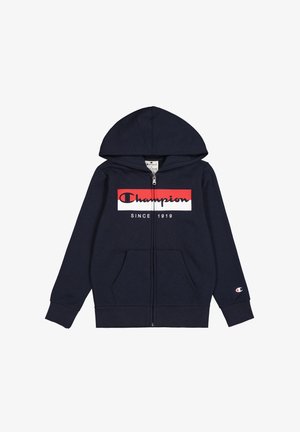 Sudadera con cremallera de color navy hecha de algodón, que presenta un gráfico frontal con el texto "Champion" en rojo y blanco. Incluye capucha y bolsillos laterales.