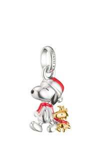Silver charm featuring Snoopy wearing a red hat and scarf, holding a small golden Woodstock. Smooth texture with detailed facial features.