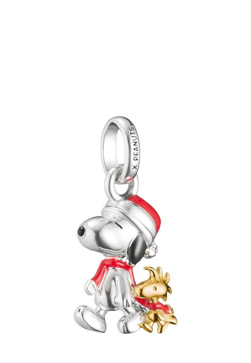 Silver charm featuring Snoopy wearing a red hat and scarf, holding a small golden Woodstock. Smooth texture with detailed facial features.
