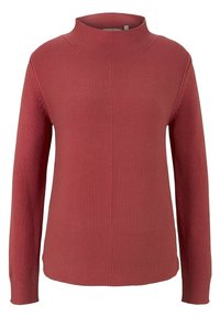 Knitted pullover sweater in dusty rose, with a high neckline, long sleeves, textured fabric, and a straight-cut hemline.