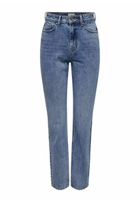 Jeans de mezclilla azul de talle alto con un diseño de pierna recta, que cuentan con cinco bolsillos y detalles de costura clásica. Acabado de lavado ligero.