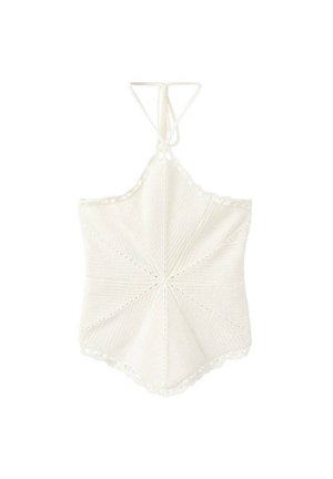 Haut dos-nu blanc en tricot avec des bords festonnés et des bretelles triangulaires, présentant un motif d'éclat étoilé centré à l'avant.