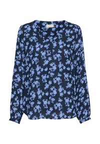 Marineblauwe blouse met V-hals, lange mouwen en een bloemmotief in lichtblauw. Gemaakt van lichtgewicht stof, met een losvallend ontwerp.