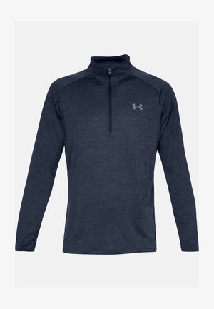 Langärmliges Oberteil mit Halbreißverschluss aus dunkelblauem Stoff mit meliertem Muster. Verfügt über einen hohen Kragen und ein kleines Logo auf der Brust.