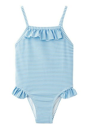 Modro-bele črtaste otroške kopalke z ozkimi naramnicami in nabranim robom na prsih in bokih.