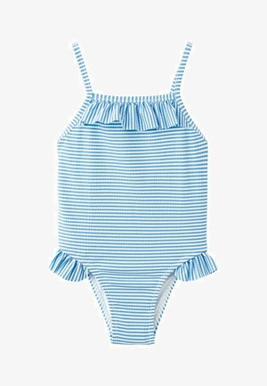 Blauw-wit gestreept zwempak voor peuters met dunne schouderbandjes en gerimpelde rand bij de borst en heupen.
