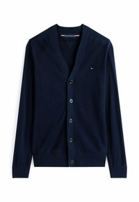 Marineblauer Cardigan aus weichem Stoff, mit tiefem V-Ausschnitt, sechs Knöpfen auf der Vorderseite und einem kleinen Logodetail auf der linken Seite.