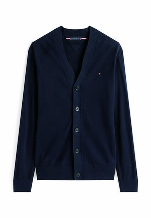 Marineblauer Cardigan aus weichem Stoff, mit tiefem V-Ausschnitt, sechs Knöpfen auf der Vorderseite und einem kleinen Logodetail auf der linken Seite.